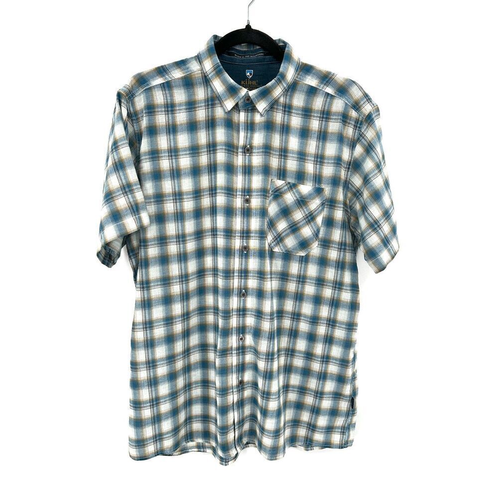 KUHL Blue White Plaid Tropik Light 100% Organic Cotton Button Up Shirt Medium